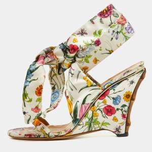 Gucci Floral Printed Satin Ankle Strap Wedge Sandals Size 38.5