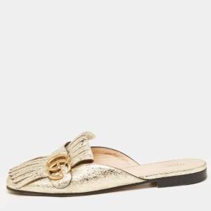 Gucci Gold Crinkled Leather GG Marmont Flat Mules Size 37.5
