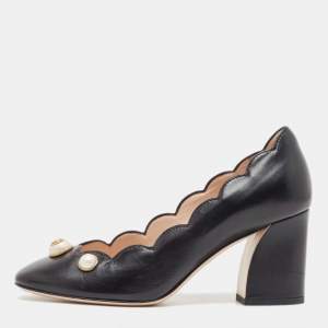 Pre Owned Gucci Black Scalloped Leather GG Faux Pearl Pumps Size 35