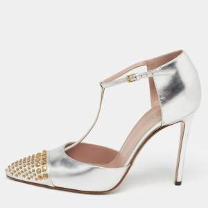 Gucci Metallic Silver Leather Studded Coline T-Strap Pumps Size 39.5