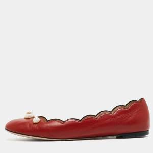 Gucci Red Scalloped Leather Interlocking G Faux Pearl Ballet Flats Size 40