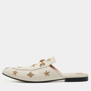 Pre Owned Gucci Cream Leather Bee and Star Embroidered Princetown Flat Mules Size 41.5