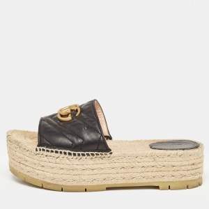 Gucci Black Leather GG Marmont  Slide Espadrilles Size 39.5 