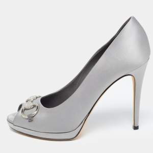 Gucci Grey Satin Horsebit Crystal Embellished Peep Toe Pumps Size 38.5