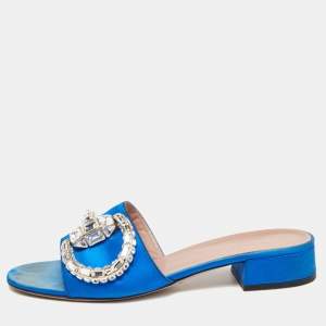 مملوكة مسبقًا Gucci Blue Satin Crystal Horsebit Maxime Slide Sandals Size 38.5