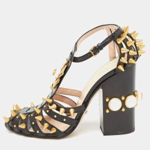 Gucci Black Leather Kendall Embellished Block Heel Ankle Strap Sandals Size 38.5