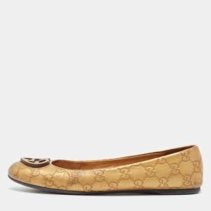 Pre Owned Gucci Gold Leaher Interlocking GG Logo Ballet Flats Size 38.5