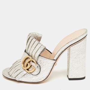 Gucci Silver Crackle Leather GG Marmont Fringed Slide Sandals Size 36