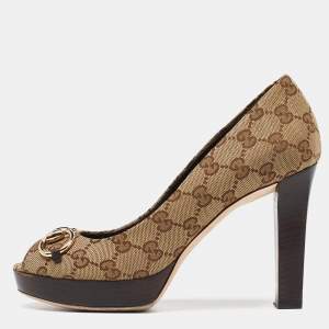 Pre Owned Gucci Beige GG Canvas New Hollywood Horsebit Peep Toe Pumps Size 38
