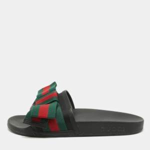Pre Owned Gucci Tricolor Leather and Fabric Web Bow Pool Slides Size 37