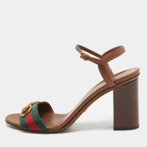 Gucci  Brown Leather Web Horsebit Ankle Strap Sandals Size 38.5