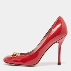 Gucci Red Patent Leather Jolene Horsebit Square Toe Pumps Size 37.5