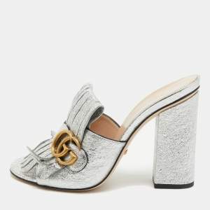 Gucci Silver Foil Leather GG Marmont Fringe Details Open Toe Sandals Size 38