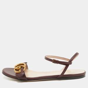Gucci Burgundy Leather GG Marmont Ankle Strap Flat Sandals Size 35