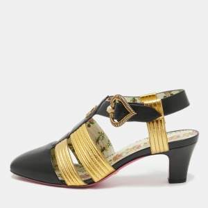 Pre Owned Gucci Black/Gold Leather Gea Pumps Size 38.5