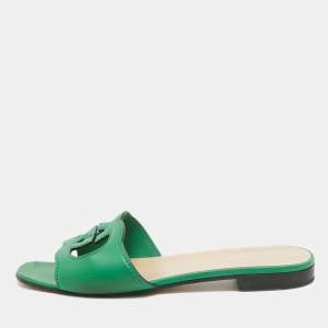 Gucci Green Leather GG Flat Slides Size 39.5