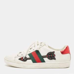 Gucci White Leather Ace Web Arrow Embellished Low Top Sneakers Size 36
