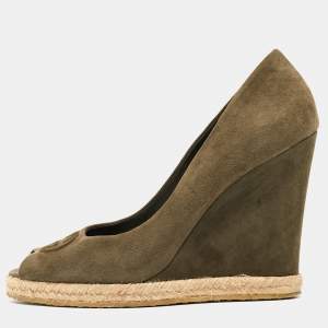 Gucci Green Suede Peep Toe Wedge Pumps Size 40