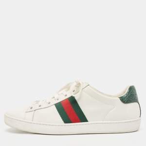  Gucci White/Green Cro Embossed and Leather Ace Sneakers Size 38