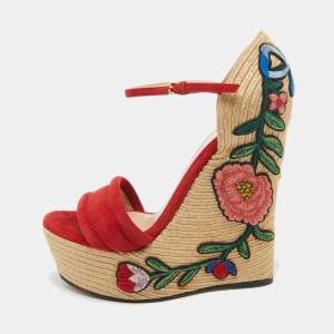 Gucci Red Suede Floral Embroidered Espadrille Wedge Ankle Strap Sandals Size 37.5