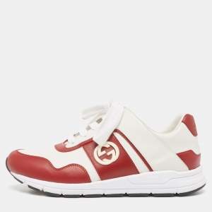 Gucci White/Red Leather Interlocking G Sneakers Size 36