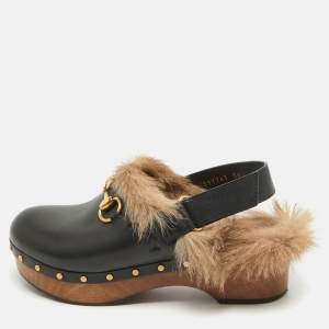 Pre Owned Gucci Black/Brown Leather and Fur Horsebit Amstel Slingback Clogs Size 36.5
