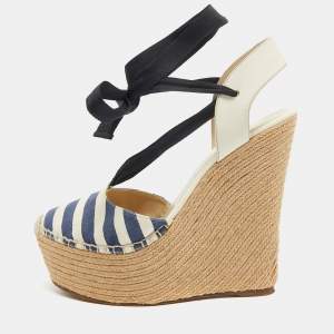 Gucci Two Tone Canvas and Leather Espadrille Wedge Ankle Tie Pumps Size 39