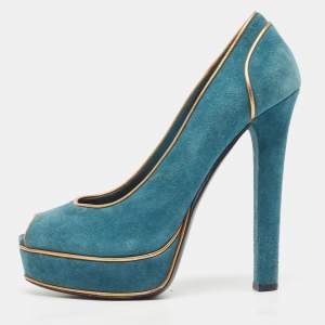 Pre Owned Gucci Teal/Gold Suede Peep Toe Platform Pumps Size 38.5