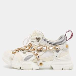 Gucci White/Grey Leather and Mesh Crystal Embellished Flashtrek Sneakers Size 39.5