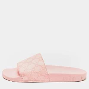 Gucci Pink GG Supreme Canvas Pool Slides Size 39