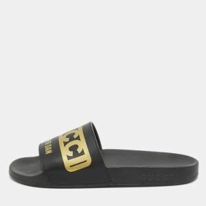 Gucci Black/Gold Leather Dapper Dan Pool Slides Size 39