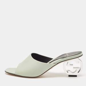 Gucci Mint Green Leather Interlocking G Heel Slide Sandals Size 39