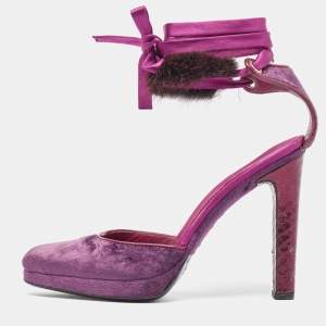 Gucci Purple Velvet and Python Embossed Ankle Wrap Pumps Size 37