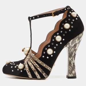 Gucci Black/Beige Snakeskin and Suede  Embellished Platform Pumps Size 37