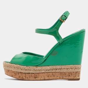 Gucci Green Patent Microguccissima Hollie Wedge Sandals Size 39.5