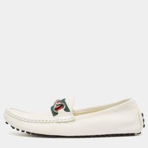 مملوكة مسبقًا Gucci White Leather Horsebit Web Detail Loafers Size 37
