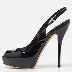 Gucci Black Patent Leather Peep Toe Slingback Sandals Size 38