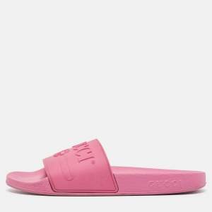 Gucci Pink Rubber Logo Pool Slides Size 38