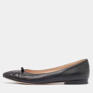 Pre Owned Gucci Black Leather GG Cap Toe Bow Ballet Flats Size 40