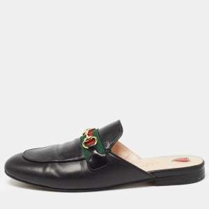 Pre Owned Gucci Black Leather Web Princetown Flat Mules Size 37.5