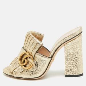 Gucci Gold Textured Leather GG Marmont Fringed Slide Sandals Size 34.5