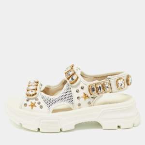 Gucci White/Grey Mesh and Leather Aguru Slingback Sandals Size 39