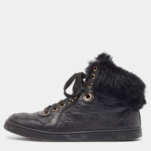 Gucci Black Guccissima Leather and Fur Trim Cada High Top Sneakers Size 38.5