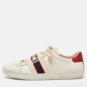 Gucci White/Red Leather Ace Gucci Band Low Top Sneakers Size 37