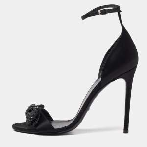 Gucci Black Satin Crystal Embellished Bow Open Toe Ankle Strap Sandals Size 41