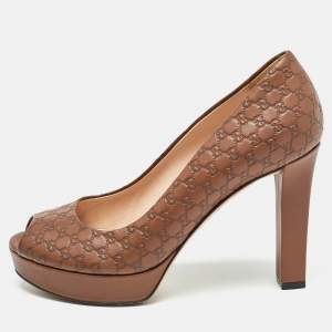 Pre Owned Gucci Brown Microguccissima Leather Peep Toe Platform Pumps Size 37.5