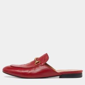 Gucci Red Leather Princetown Horsebit Flat Mules Size 39