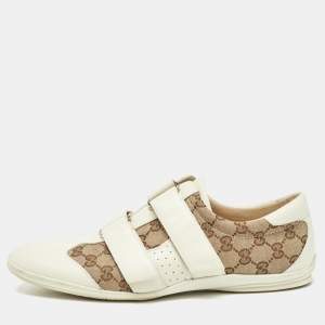 Gucci White/Beige GG Canvas and Leather Velcro Low Top Sneakers Size 43