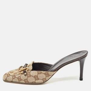 Gucci Brown Canvas And Leather Nostyle Mules Size 39.5 