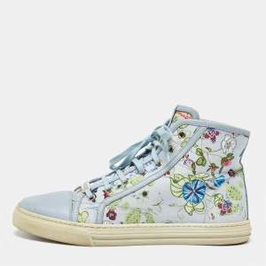 Gucci Grey Leather and Floral Print Canvas High Top Sneakers Size 39